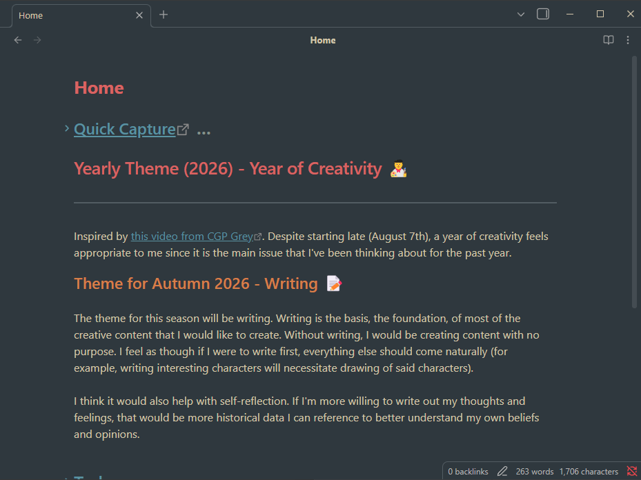 screenshot of my obsidian home screen and my reasoning behind why i picked my themes